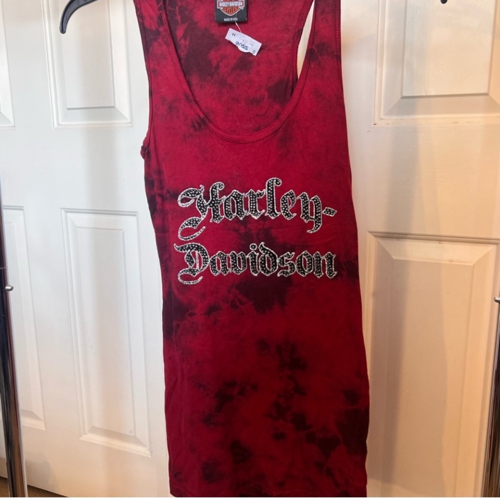 Harley-Davidson Tie Dye Red Glitter Letters Tank Top
